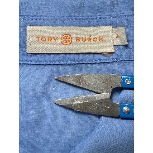 Tory Burch Button Up Women 4 Long Roll Sleeve Pocket Epaulets Sheer Shirt Blue - Picture 4 of 9